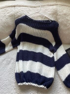 Brandy Melville Navy and White Off-Shoulder Stripe Sweater